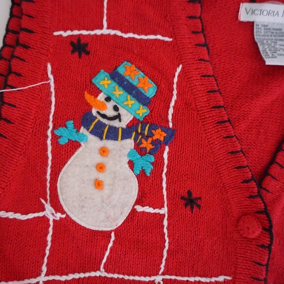 Vintage Victoria Jones Red Cotton Vest Snowmen Holiday Festive Cabincore XL - Picture 4 of 9